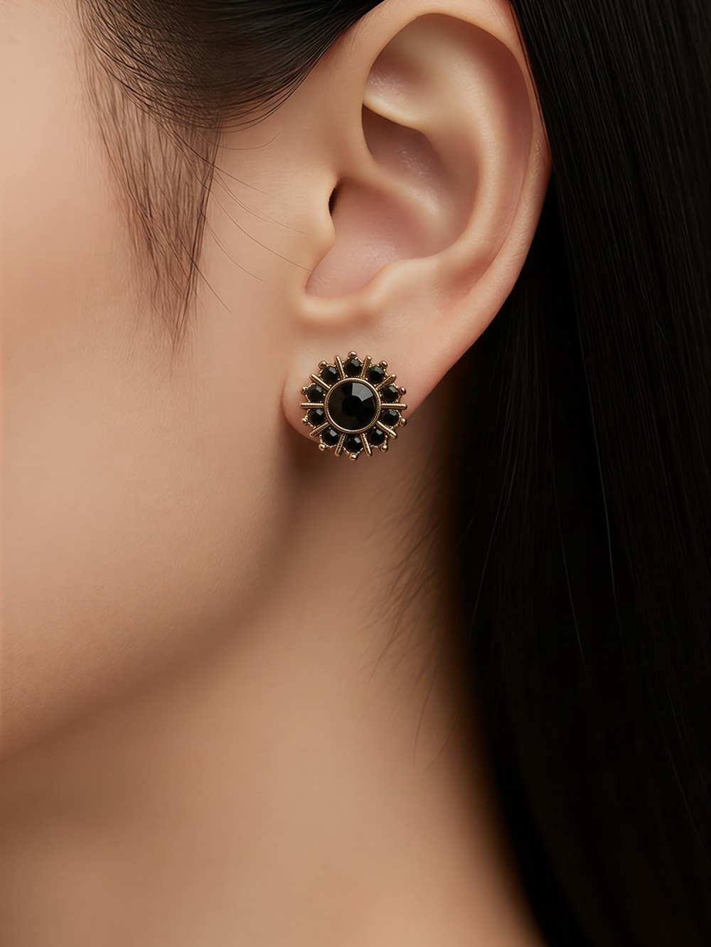 Gold-Tone Black Sunburst Stud Earrings for Women
